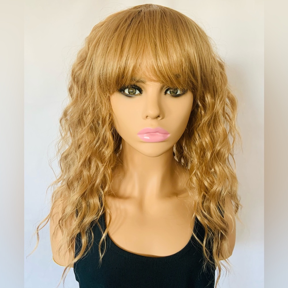 A Pretty Honey Blonde “Put On & Go” Premium Fiber Wig with Bangs -Unisex- NWT!